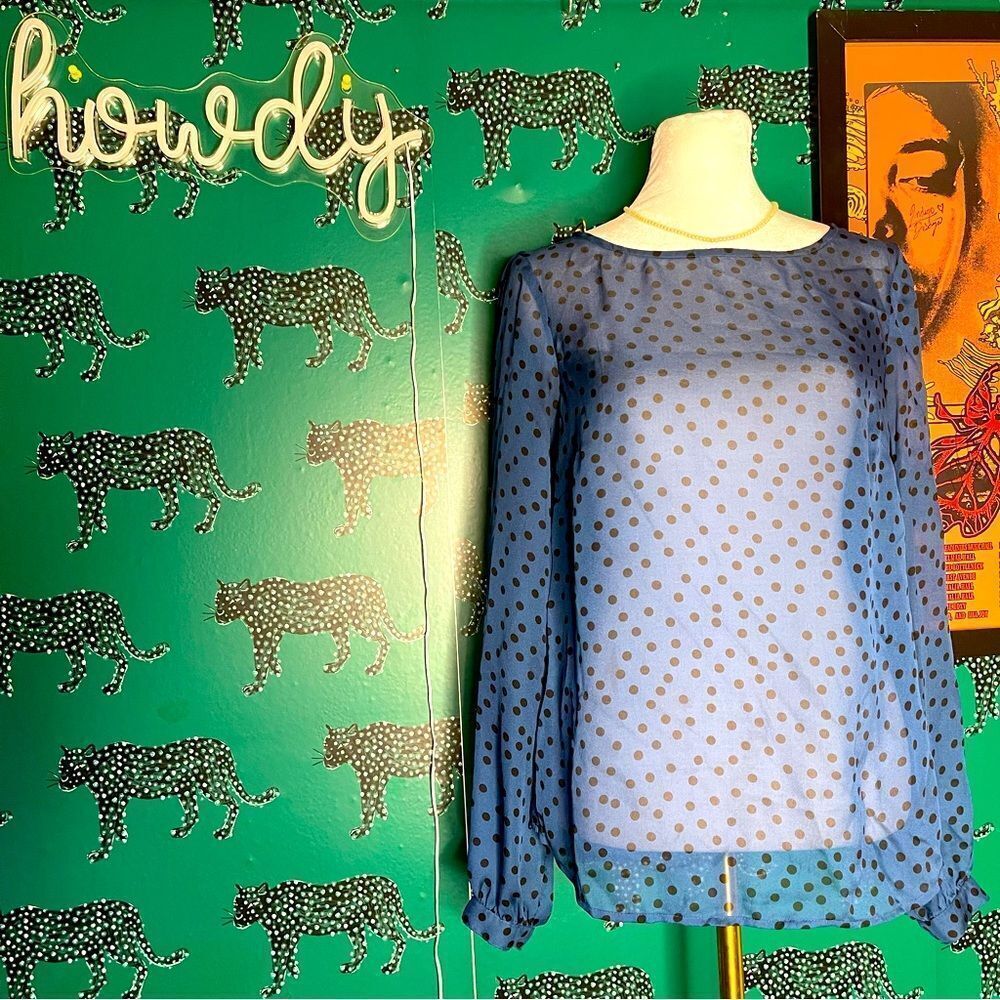 Ann Taylor Sheer Blue Polka Dot Long Sleeve Blouse XS